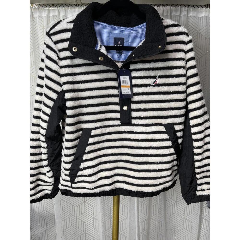 NWT Nautica Jeans Women's Jacket Sz S Striped Pullover Sherpa MSRP $99.50